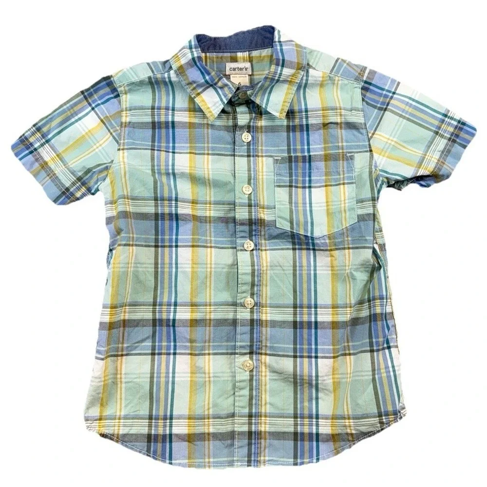 Carter's Boys Plaid Button Shirt Top 100% Cotton Size 6 Preppy‎